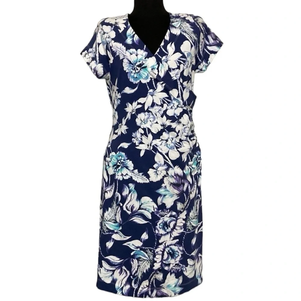 Soft Surroundings Women's Blue Floral Shapely Anywhere Faux Wrap Dress M